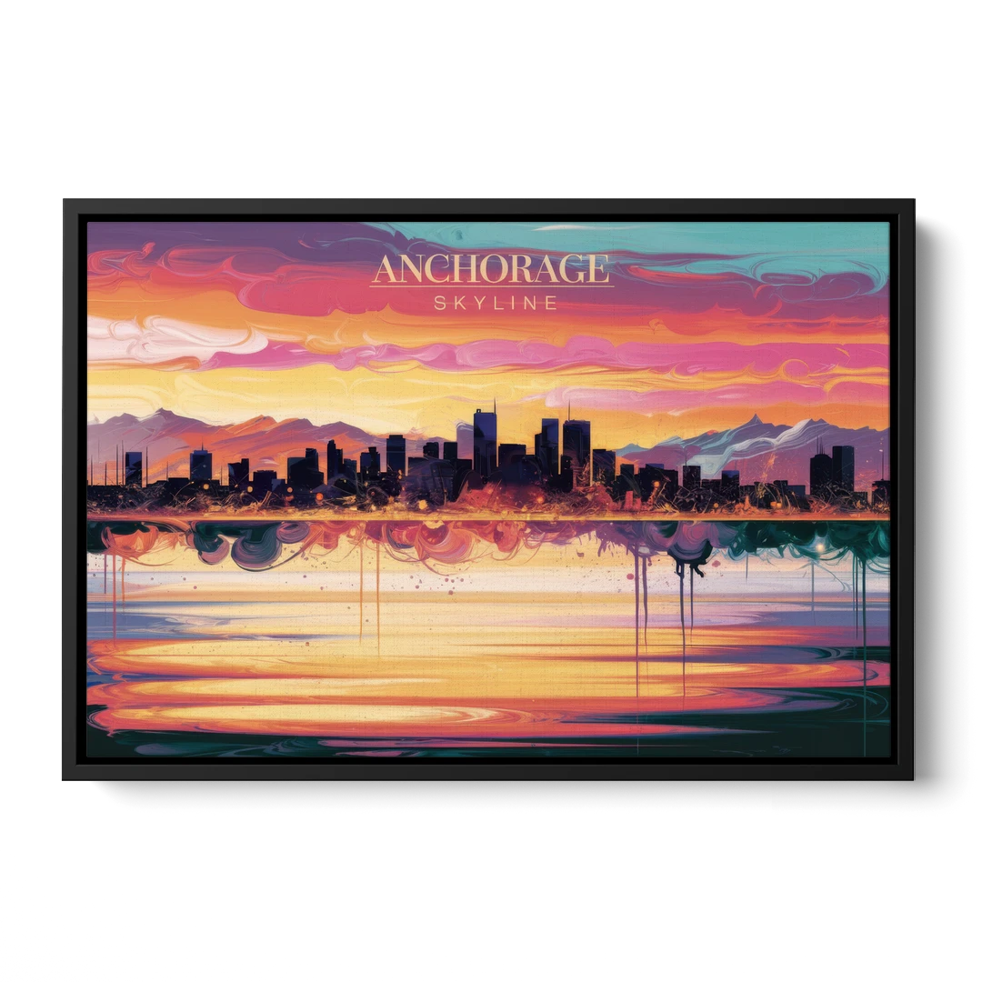 Anchorage Skyline Sunset - Black Framed Canvas Wall Art - Front