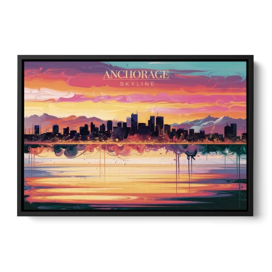 Anchorage Skyline Sunset - Black Framed Canvas Wall Art - Front