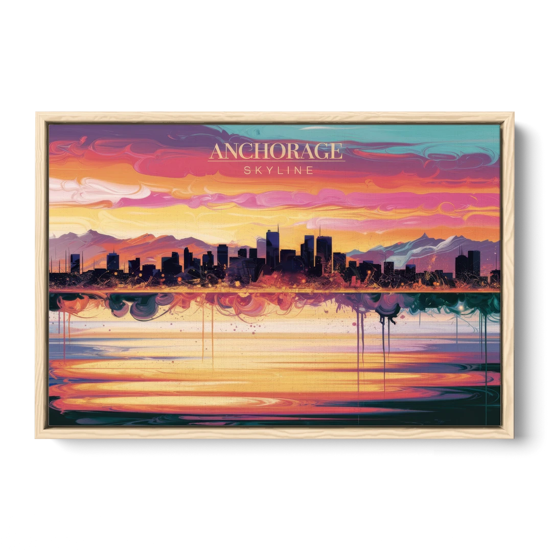 Anchorage Skyline Sunset - Oak Framed Canvas Wall Art - Front