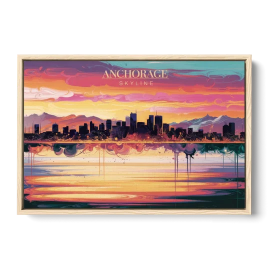 Anchorage Skyline Sunset - Oak Framed Canvas Wall Art - Front