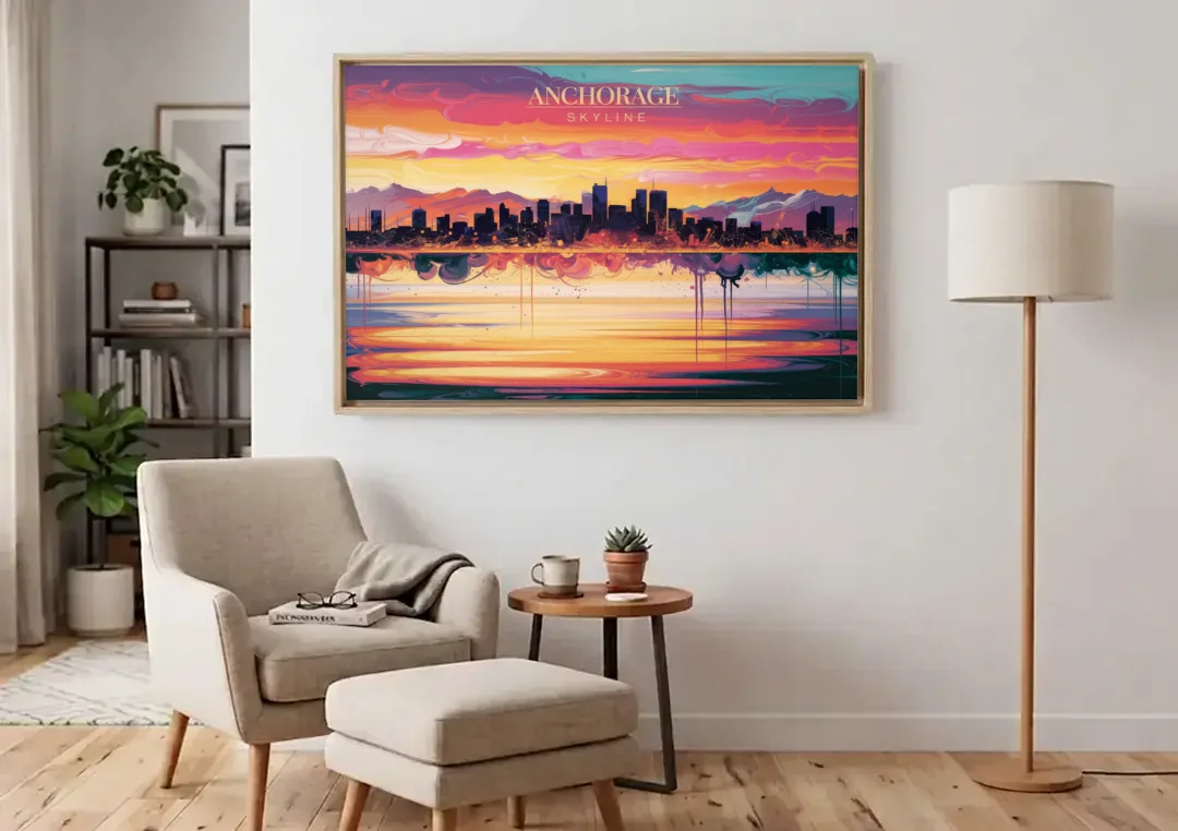 Anchorage Skyline Sunset canvas wall art above an armchair in a bright living room