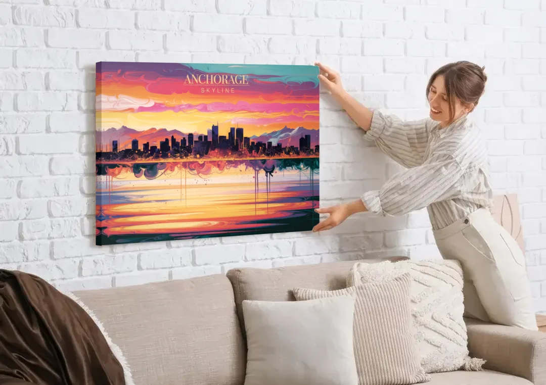 Anchorage Skyline Sunset canvas wall art being hung on a white brick wall above a sofa