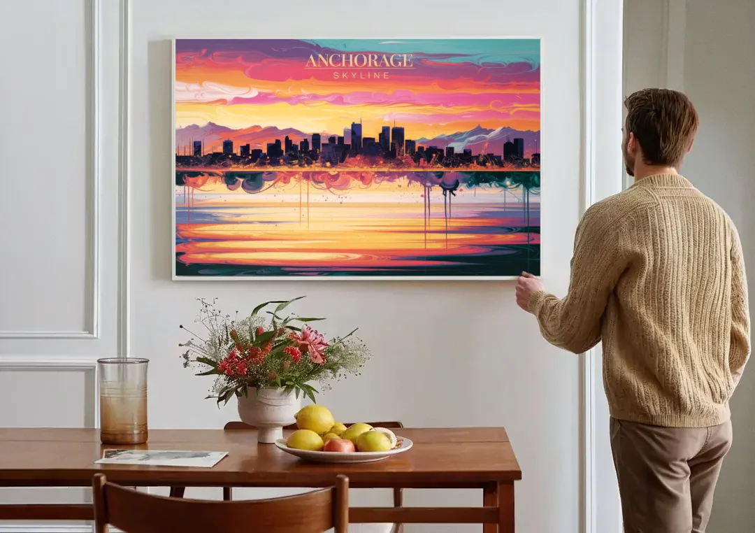 Anchorage Skyline Sunset canvas wall art above a dining table