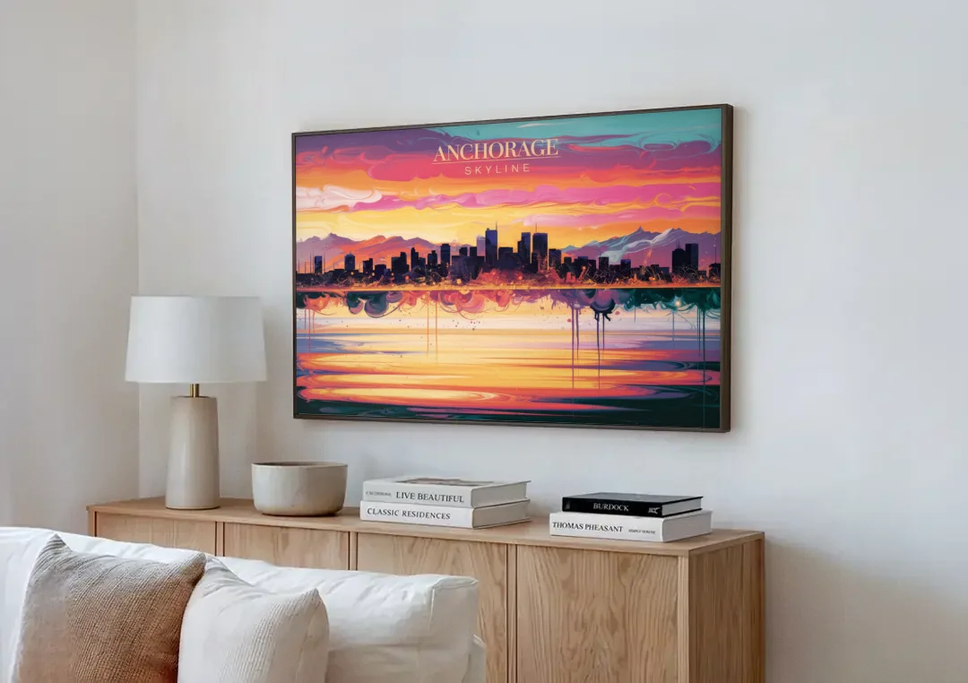 Anchorage Skyline Sunset canvas wall art above a wooden sideboard next to a sofa