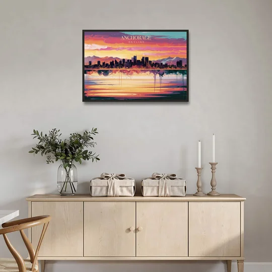 Anchorage Skyline Sunset - Black Framed Canvas Wall Art - Coffee Table - 36x24