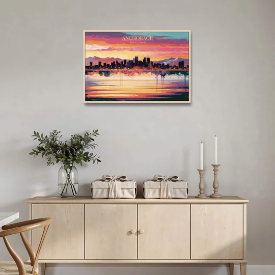 Anchorage Skyline Sunset - Oak Framed Canvas Wall Art - Coffee Table - 36x24