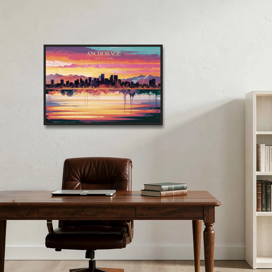 Anchorage Skyline Sunset - Black Framed Canvas Wall Art - Office - 36x24