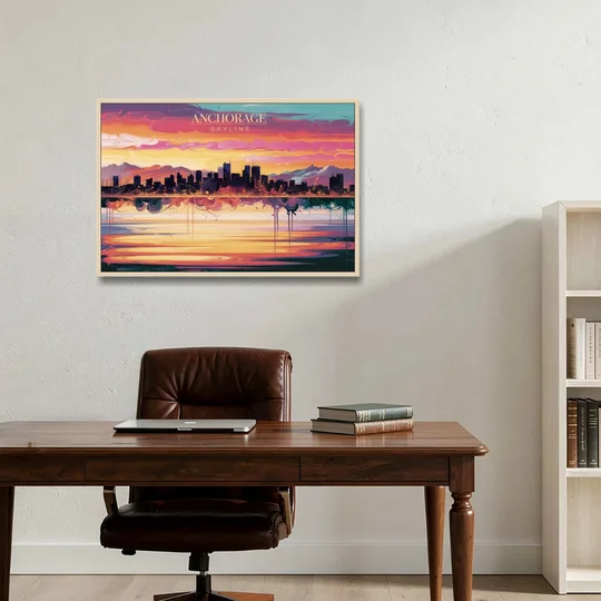 Anchorage Skyline Sunset - Oak Framed Canvas Wall Art - Office - 36x24