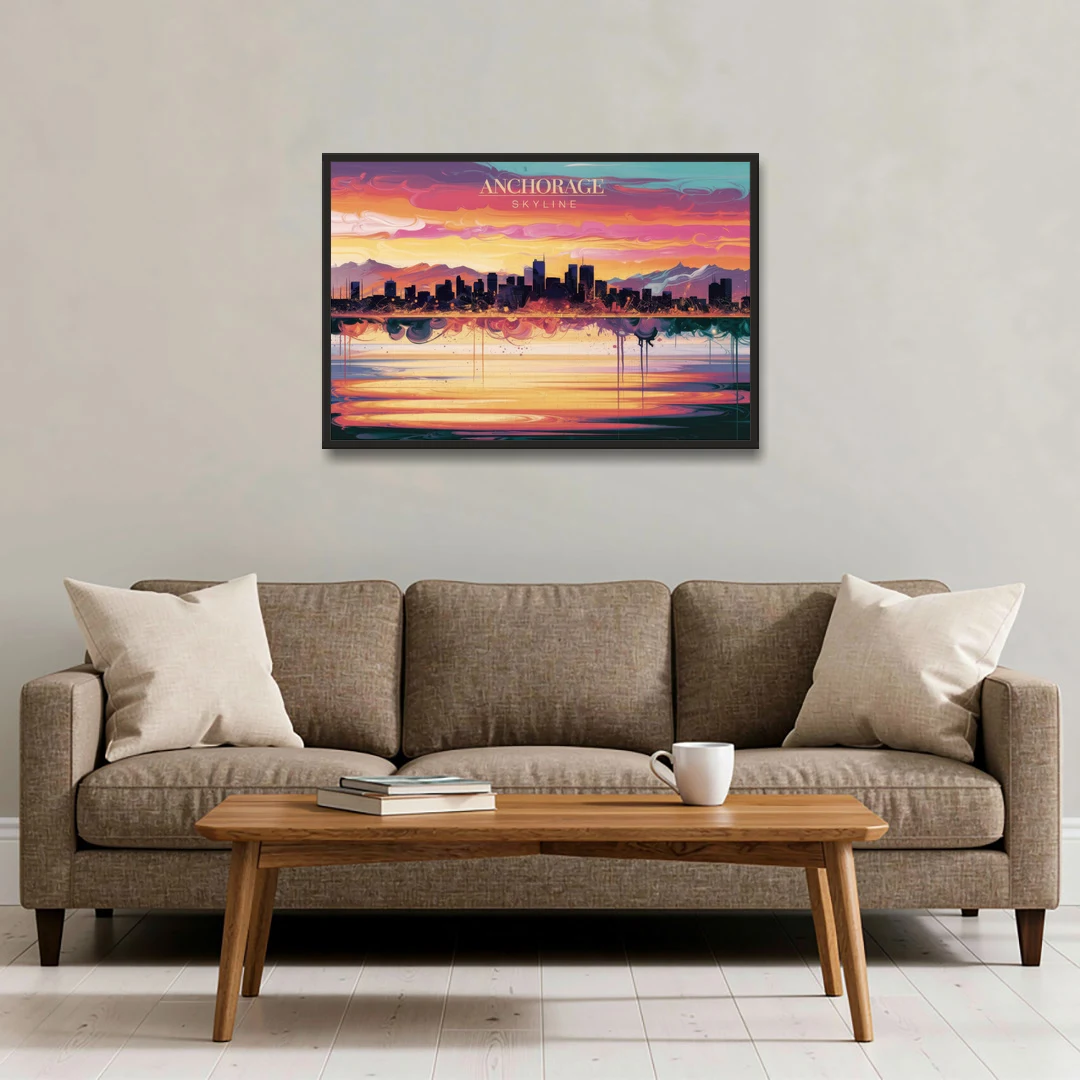 Anchorage Skyline Sunset - Black Framed Canvas Wall Art - Sofa - 36x24