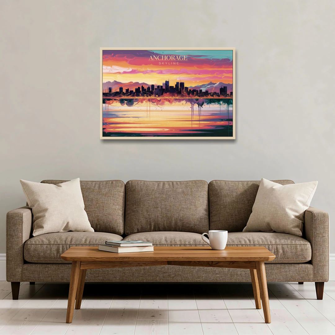 Anchorage Skyline Sunset - Oak Framed Canvas Wall Art - Sofa - 36x24