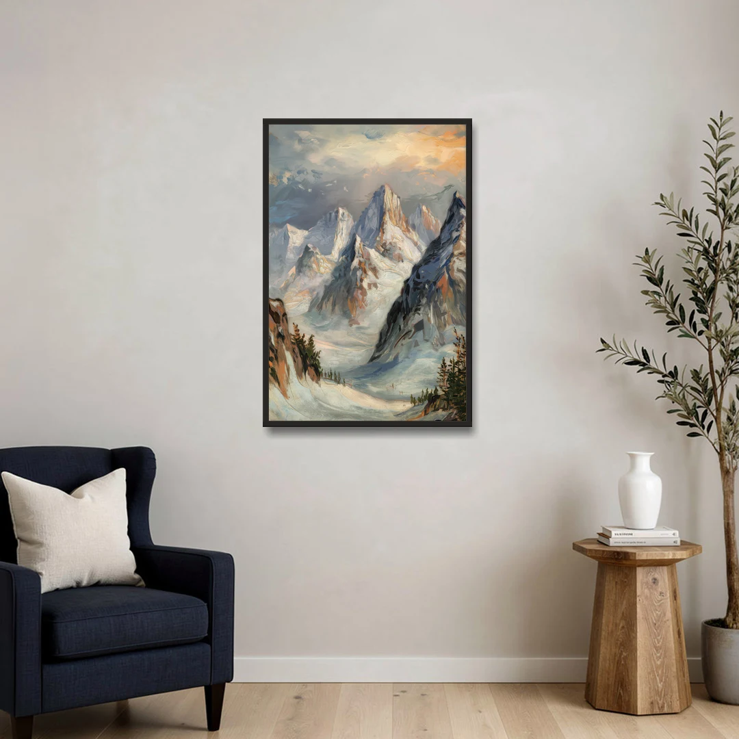 Anchorage Snowy Peaks - Black Framed Canvas Wall Art - Sofa - 24x36