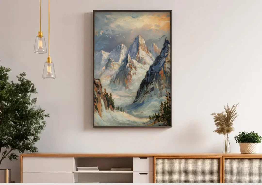 Anchorage Snowy Peaks canvas wall art above a wooden sideboard under pendant lights