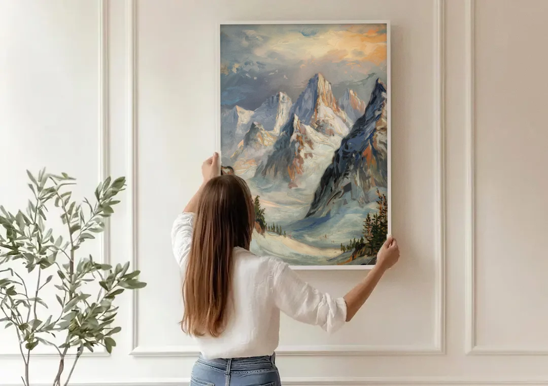 Anchorage Snowy Peaks canvas wall art being hung on a paneled wall