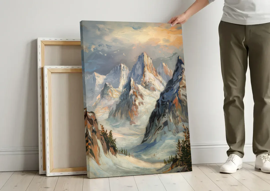 Anchorage Snowy Peaks canvas wall art leaning against a wall next to blank canvases