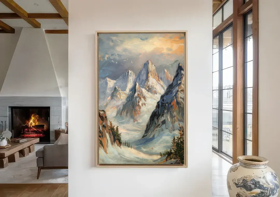 Anchorage Snowy Peaks canvas wall art in a living room with a fireplace