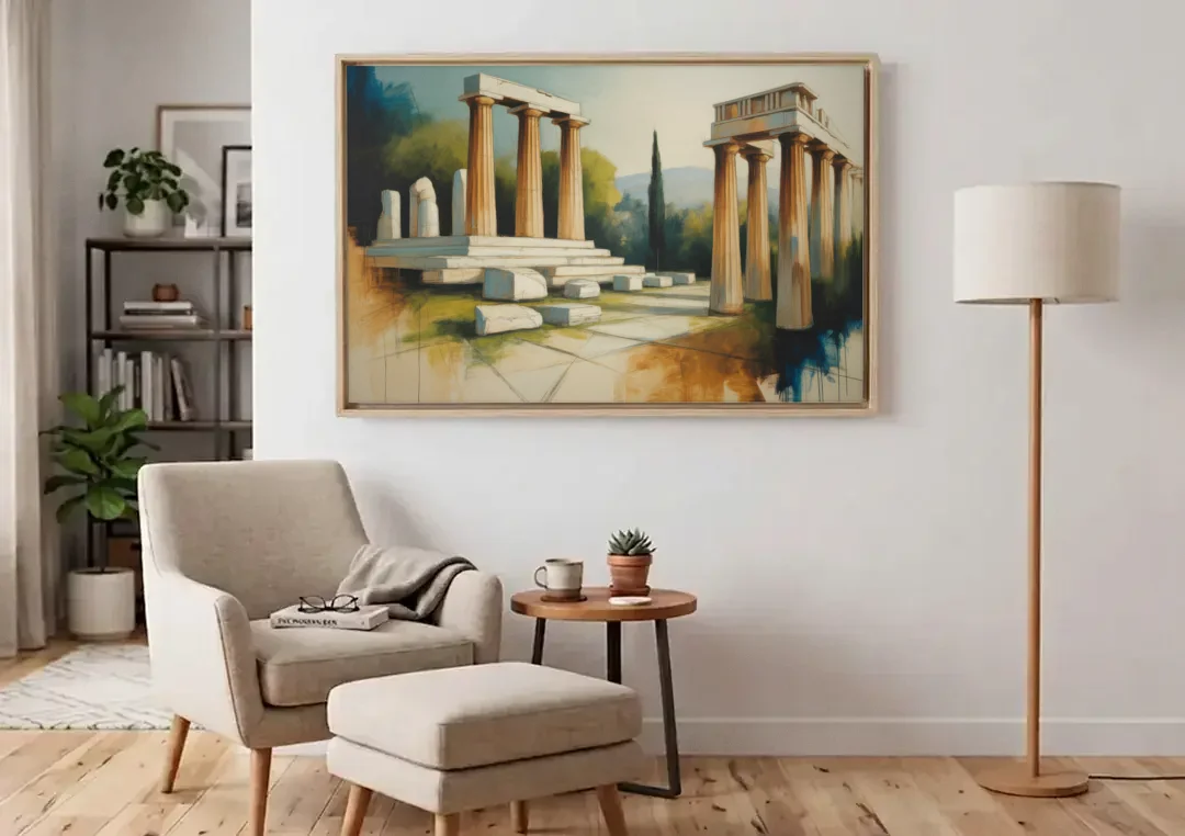 Ancient Agora Echoes canvas wall art above an armchair in a bright living room