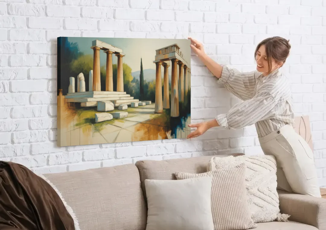 Ancient Agora Echoes canvas wall art being hung on a white brick wall above a sofa