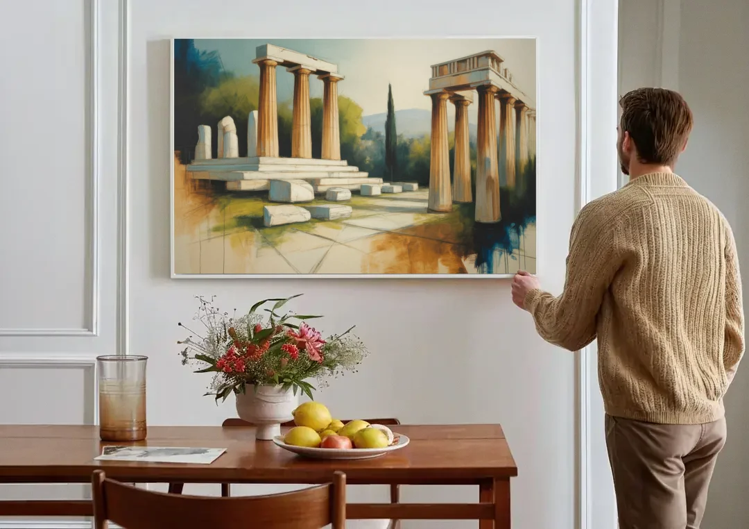 Ancient Agora Echoes canvas wall art above a dining table