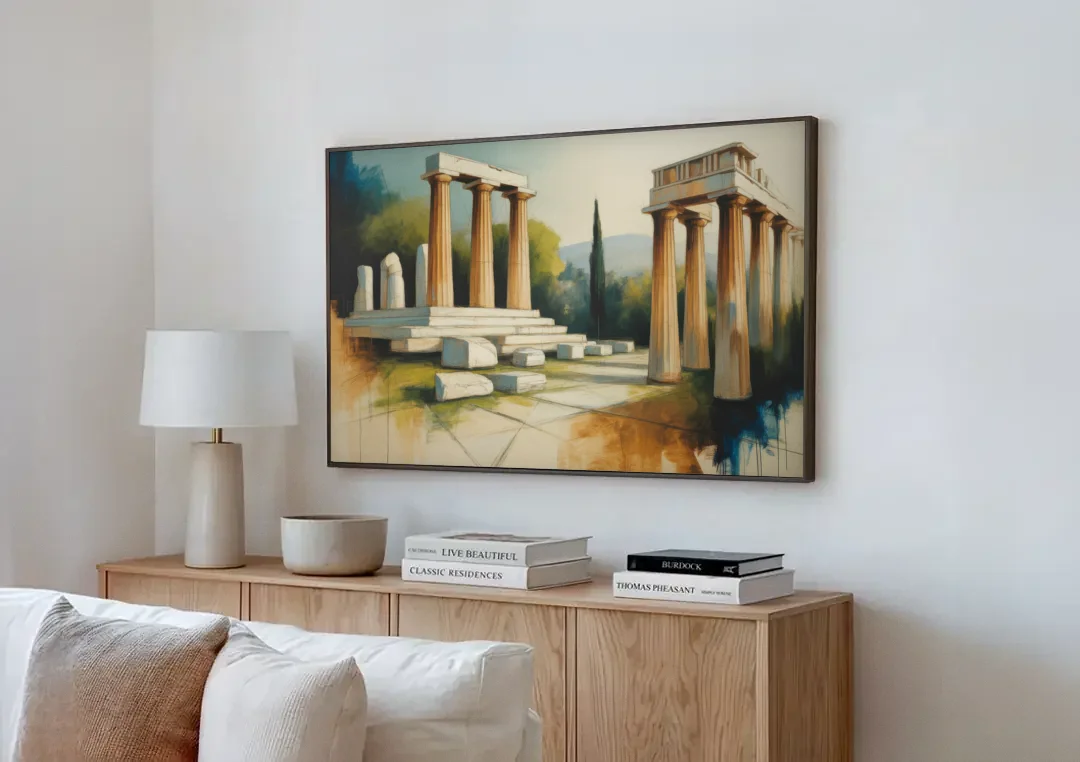 Ancient Agora Echoes canvas wall art above a wooden sideboard next to a sofa