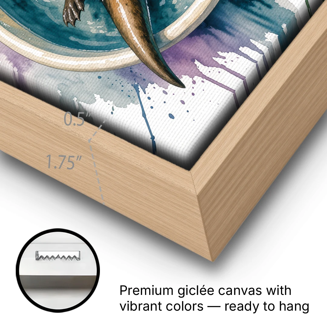 Animals in Bathtub Wall Art with a Floating Otter - Oak Framed Canvas Wall Art - Gallery Wrap Corner