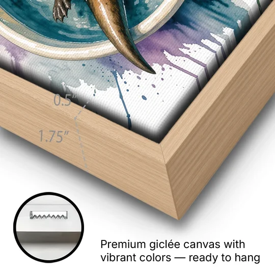 Animals in Bathtub Wall Art with a Floating Otter - Oak Framed Canvas Wall Art - Gallery Wrap Corner