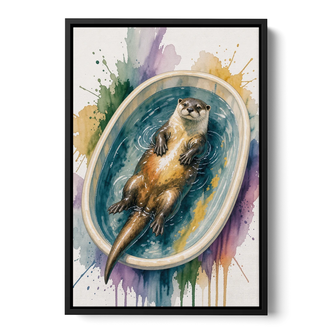 Animals in Bathtub Wall Art with a Floating Otter - Black Framed Canvas Wall Art - Front