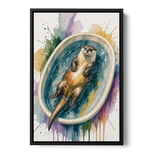 Animals in Bathtub Wall Art with a Floating Otter - Black Framed Canvas Wall Art - Front