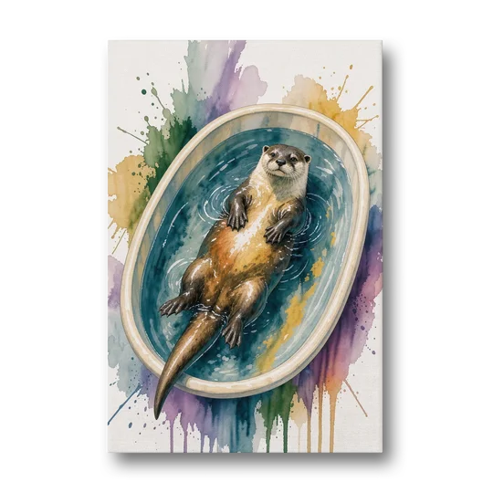 Animals in Bathtub Wall Art with a Floating Otter - Canvas Wall Art - Front