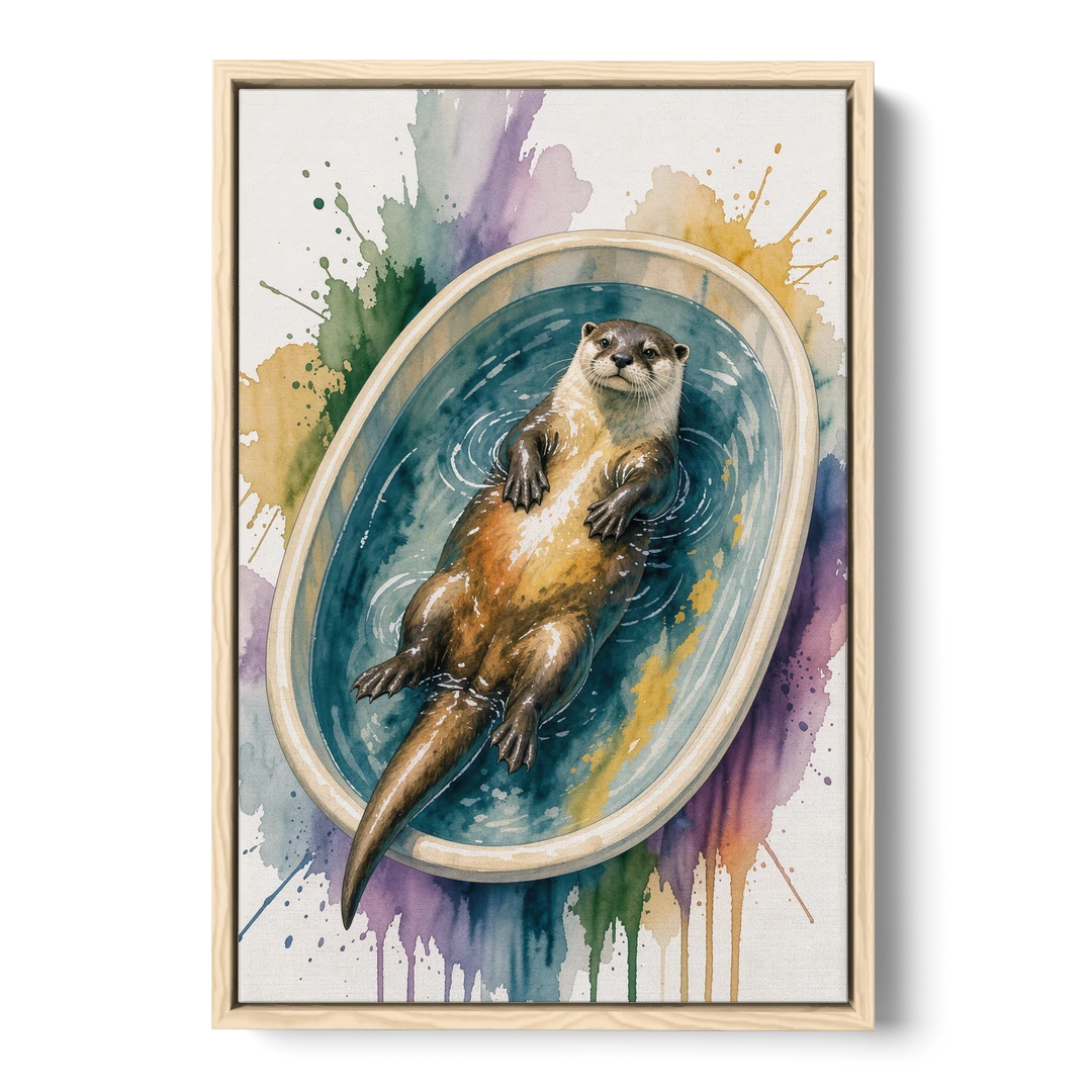 Animals in Bathtub Wall Art with a Floating Otter - Oak Framed Canvas Wall Art - Front