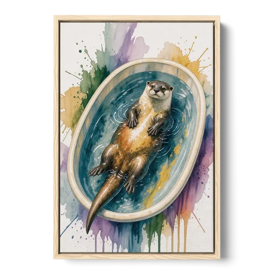 Animals in Bathtub Wall Art with a Floating Otter - Oak Framed Canvas Wall Art - Front