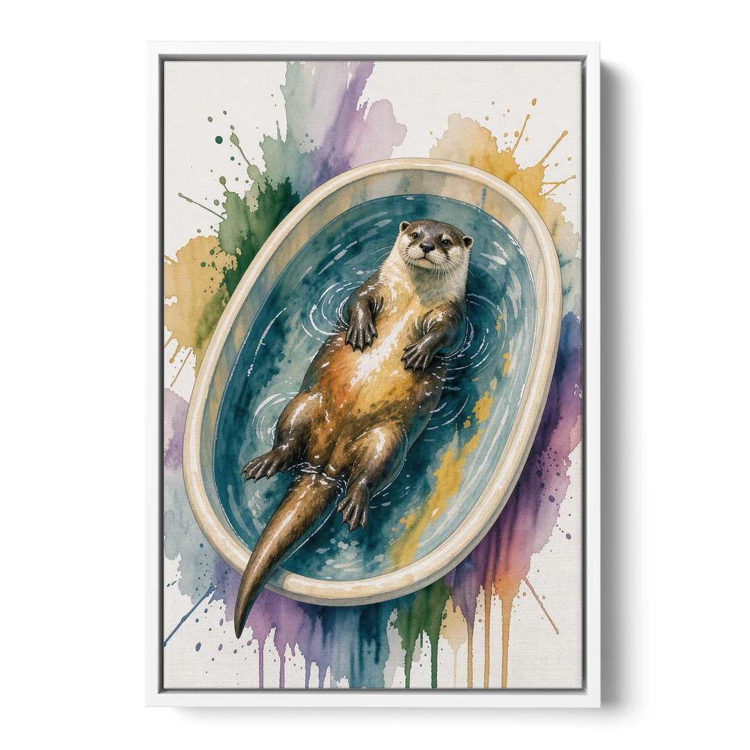Animals in Bathtub Wall Art with a Floating Otter - White Framed Canvas Wall Art - Front