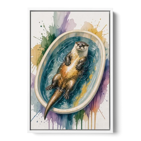 Animals in Bathtub Wall Art with a Floating Otter - White Framed Canvas Wall Art - Front