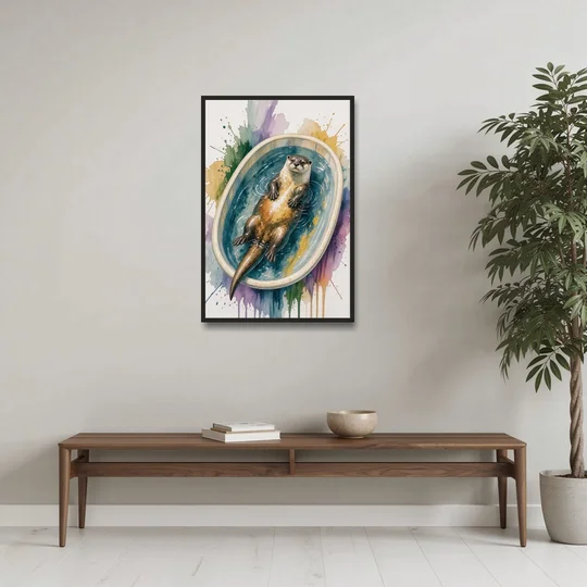 Animals in Bathtub Wall Art with a Floating Otter - Black Framed Canvas Wall Art - Coffee Table - 24x36