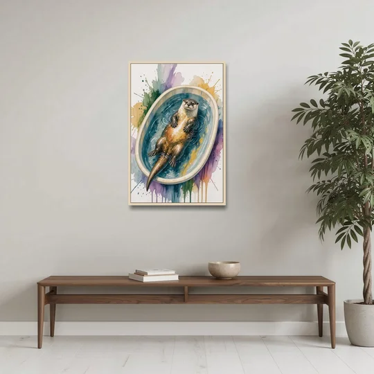 Animals in Bathtub Wall Art with a Floating Otter - Oak Framed Canvas Wall Art - Coffee Table - 24x36