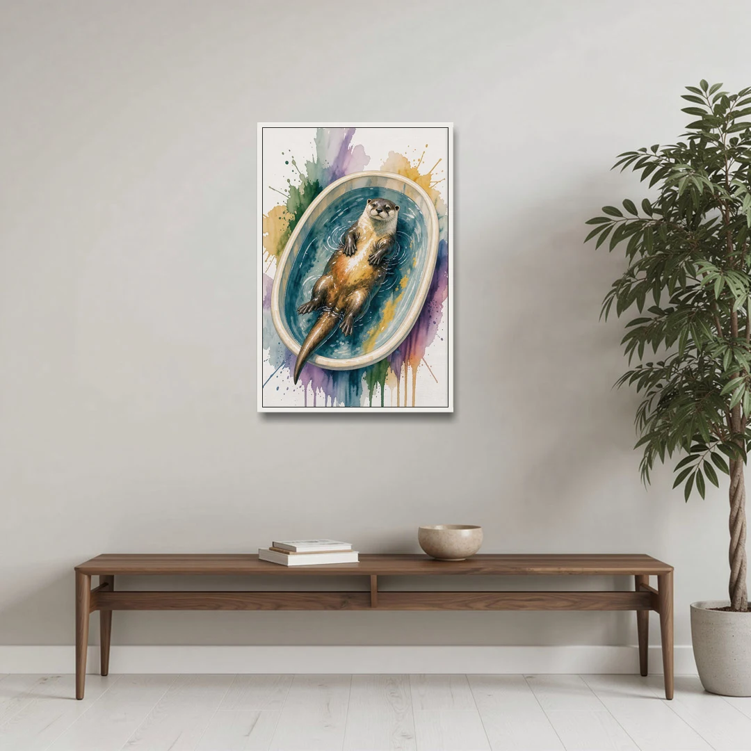Animals in Bathtub Wall Art with a Floating Otter - White Framed Canvas Wall Art - Coffee Table - 24x36