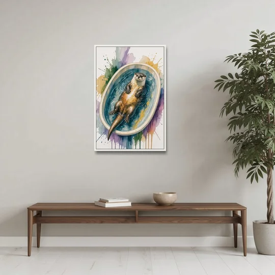 Animals in Bathtub Wall Art with a Floating Otter - White Framed Canvas Wall Art - Coffee Table - 24x36