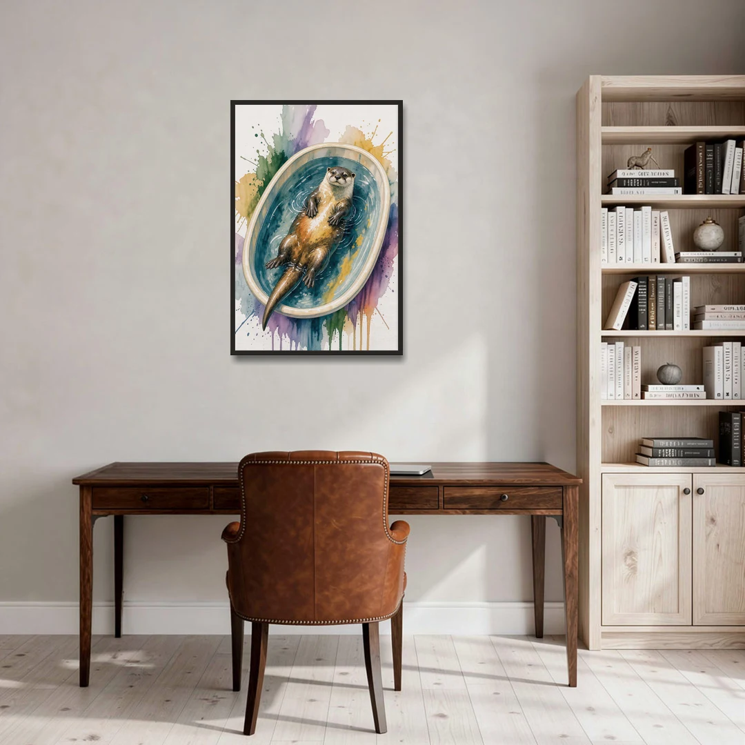 Animals in Bathtub Wall Art with a Floating Otter - Black Framed Canvas Wall Art - Office - 24x36