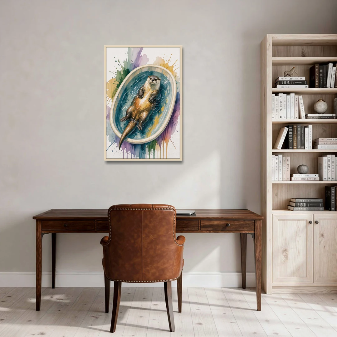 Animals in Bathtub Wall Art with a Floating Otter - Oak Framed Canvas Wall Art - Office - 24x36
