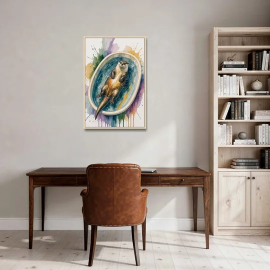 Animals in Bathtub Wall Art with a Floating Otter - Oak Framed Canvas Wall Art - Office - 24x36