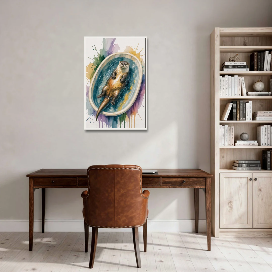 Animals in Bathtub Wall Art with a Floating Otter - White Framed Canvas Wall Art - Office - 24x36