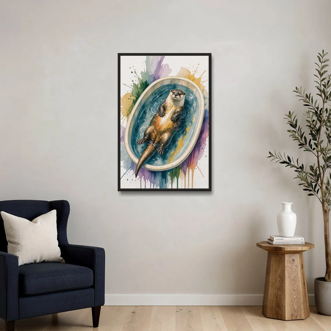 Animals in Bathtub Wall Art with a Floating Otter - Black Framed Canvas Wall Art - Sofa - 24x36