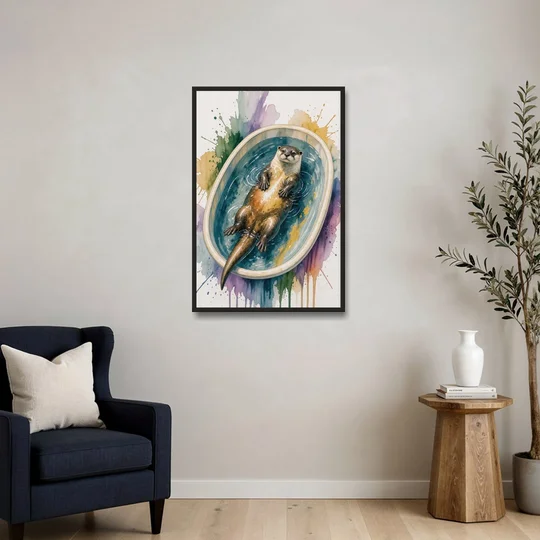 Animals in Bathtub Wall Art with a Floating Otter - Black Framed Canvas Wall Art - Sofa - 24x36