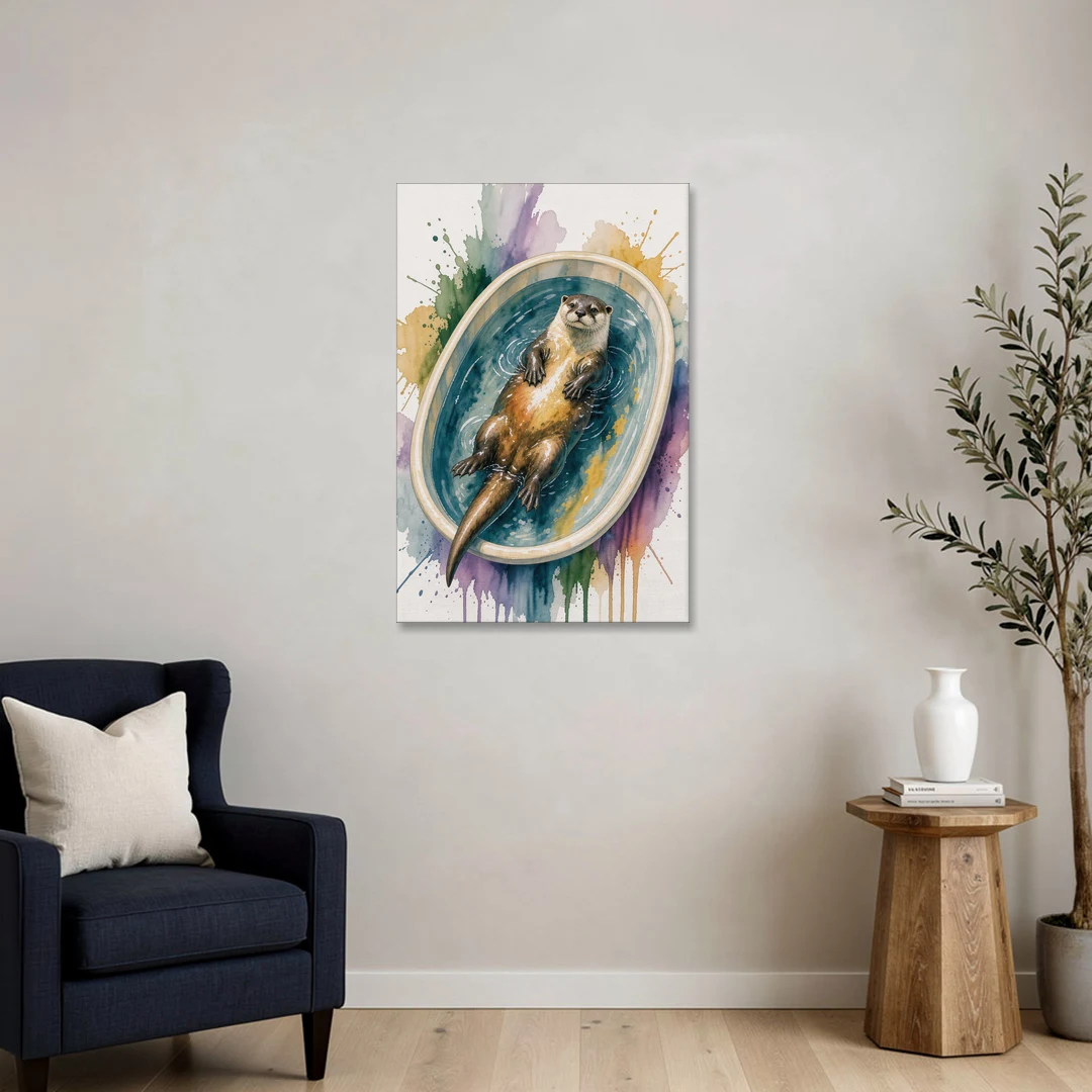 Animals in Bathtub Wall Art with a Floating Otter - Canvas Wall Art - Sofa - 24x36