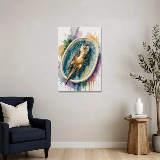 Animals in Bathtub Wall Art with a Floating Otter - Canvas Wall Art - Sofa - 24x36