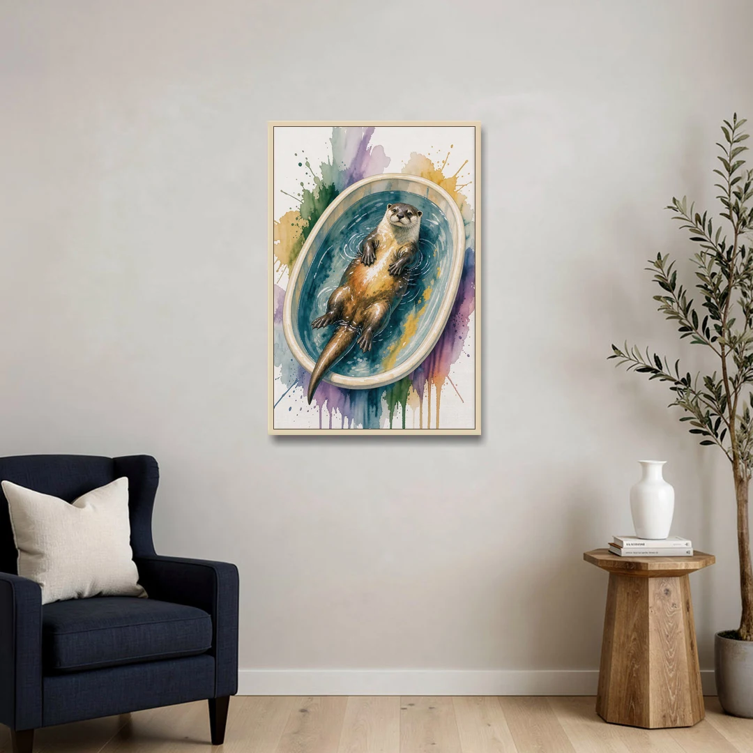 Animals in Bathtub Wall Art with a Floating Otter - Oak Framed Canvas Wall Art - Sofa - 24x36
