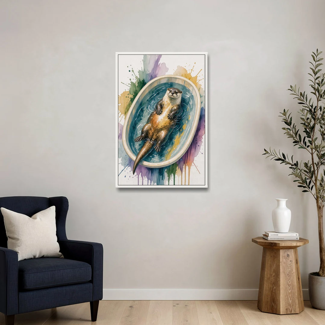 Animals in Bathtub Wall Art with a Floating Otter - White Framed Canvas Wall Art - Sofa - 24x36