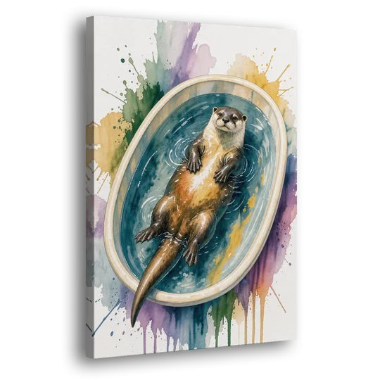 Animals in Bathtub Wall Art with a Floating Otter - Canvas Wall Art - Side