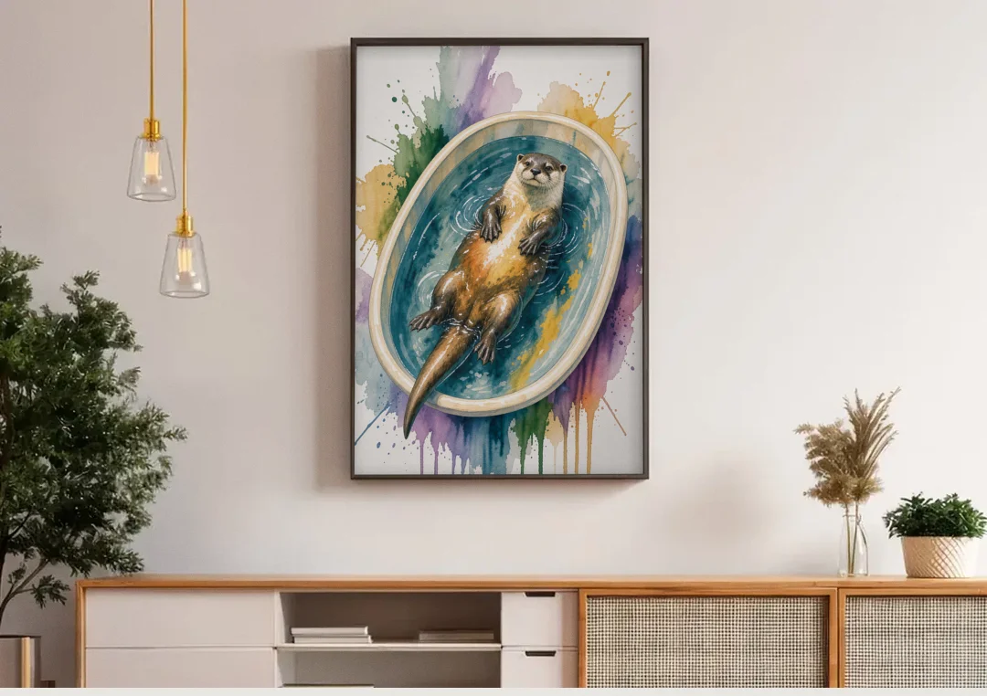 Animals in Bathtub Wall Art with a Floating Otter canvas wall art above a wooden sideboard under pendant lights
