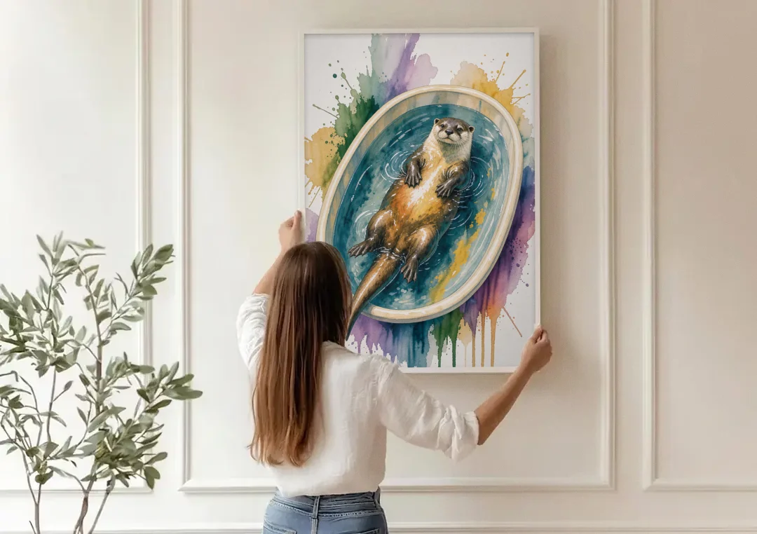 Animals in Bathtub Wall Art with a Floating Otter canvas wall art being hung on a paneled wall