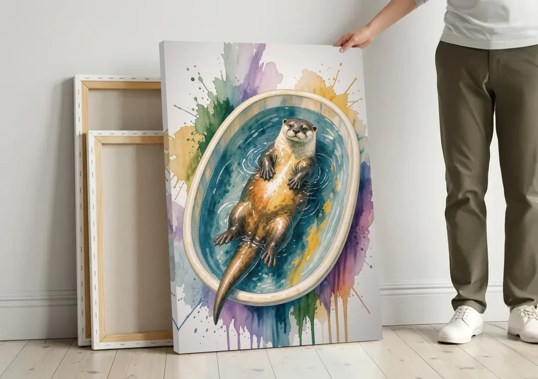Animals in Bathtub Wall Art with a Floating Otter canvas wall art leaning against a wall next to blank canvases